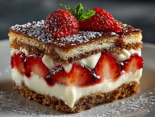 a slice of layered dessert topped with fresh strawberries, cream, and a drizzle of honey, all garnished with mint leaves and dusted with powdered sugar.