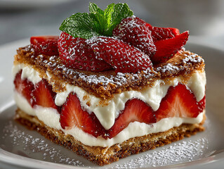 a slice of layered dessert topped with fresh strawberries, cream, and a drizzle of honey, all garnished with mint leaves and dusted with powdered sugar.