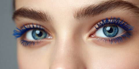 Obraz premium Beauty close-up of a woman wearing blue mascara, minimal gray studio background, sharp focus on eyes, makeup advertisement with copy space
