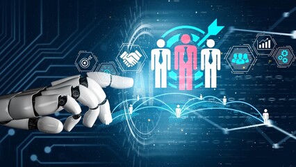 Futuristic robotic hand reaching out to a digital representation of human resource management, showcasing technology and innovation in human connection Gluon.