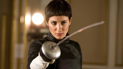 Young Woman Fencer Focused and Ready for Competition.