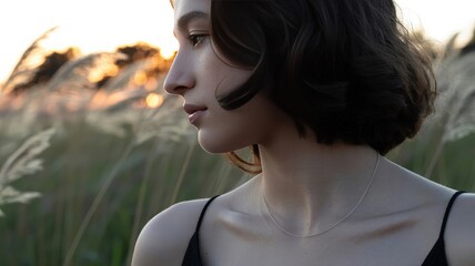 Young Woman in Field at Sunset.