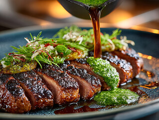 a delicious-looking dish, likely a steak, being drizzled with a vibrant green sauce. The steak is garnished with fresh herbs and appears to be cooked to perfection.