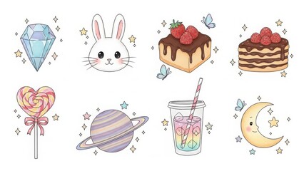 Assorted cartoon illustrations with sweet treats and celestial elements