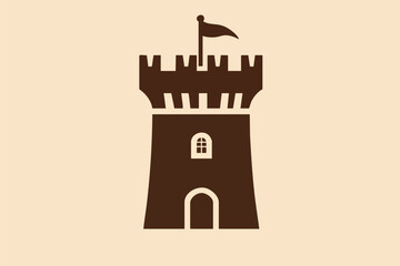 A stylized illustration showcases a brown castle tower with a small flag atop a beige backdrop, perfect for design and branding projects needing a medieval or historical theme.