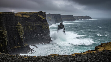 Dramatic rugged cliffs meet turbulent ocean waves under stormy sky with natural light, creating moody atmosphere with intense sea spray and rocky coastline