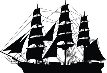 Historic sailing ship silhouette, tall ship with sails, vintage maritime vessel, nautical transport, classic sea travel illustration, isolated black vector © Boony