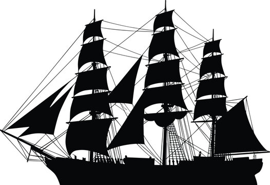 Historic sailing ship silhouette, tall ship with sails, vintage maritime vessel, nautical transport, classic sea travel illustration, isolated black vector