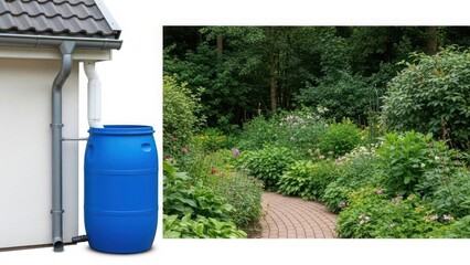 Rainwater barrel and lush garden