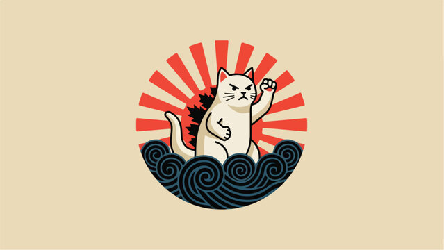 Angry Cat Godzilla Japanese Style Vector Illustration.