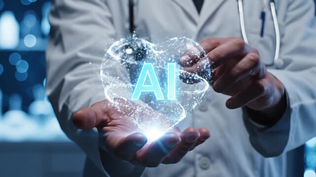 A doctor in a lab coat holds a glowing AI brain in his hand, representing artificial intelligence in medicine video Medical and Healthcare Footage