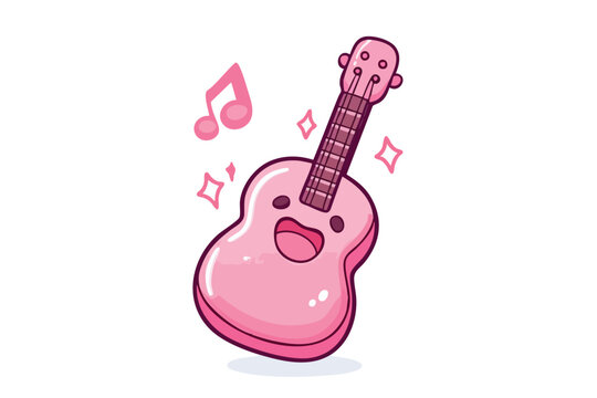 A charming, cartoon-style pink ukulele with a happy face and musical notes, radiating positivity and joy, perfect for music-related projects and cheerful designs.