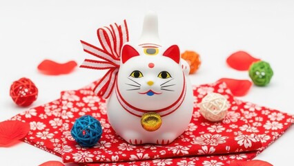 White maneki neko figurine with red trim