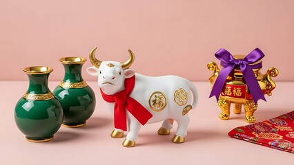 Obraz premium Chinese new year ox figurine with vases and decorations