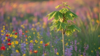 Young Sapling Tree Growing in a Vibrant Field of Wildflowers at Sunset.