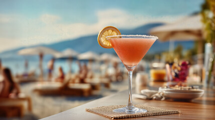Refreshing cocktail on a beach bar table as people relax under umbrellas by the sea