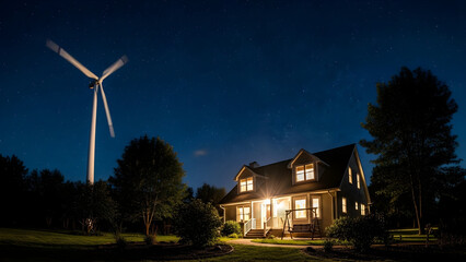 Wind Energy Powered Residential Home at Night for Clean Electricity