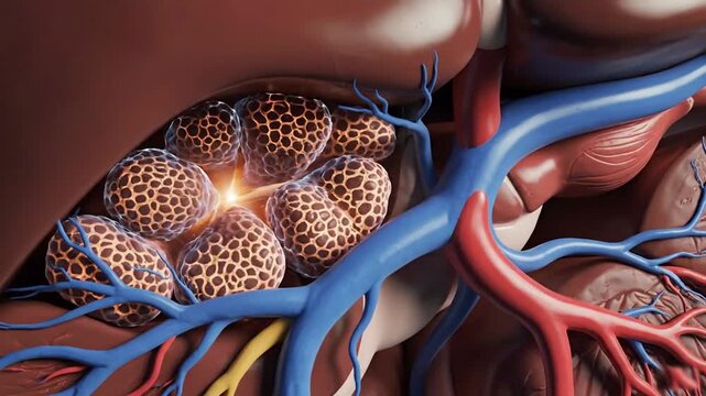 A detailed video illustration of the human abdominal anatomy showing organs and blood vessels in a medical educational video