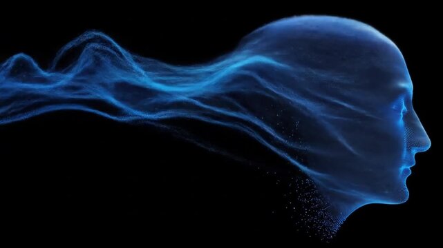 Abstract digital silhouette of a human head with flowing light trails