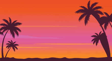 A vibrant vector illustration captures a tropical sunset scene with silhouetted palm trees against a gradient sky of orange, pink, and purple hues, evoking a sense of calm.