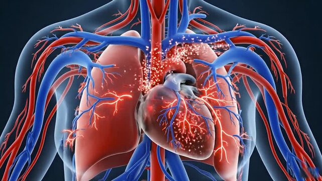 A detailed video animation of the human heart and its vascular system in a medical context