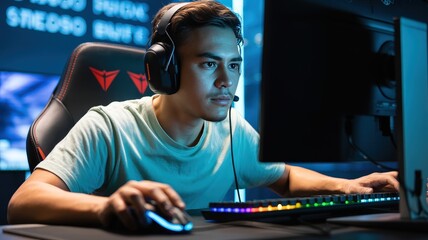 Young Man Playing Video Games on Computer with Headphones and Mouse.