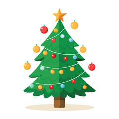 Isolated green Christmas tree with ornaments and star in a festive holiday vector illustration on white background