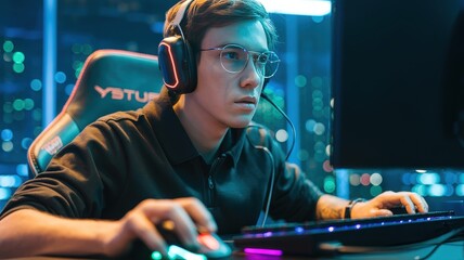 Young Man Wearing Headphones and Glasses Playing Video Games on Computer.