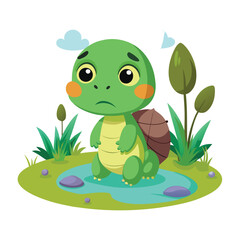 Obraz premium A cute happy green cartoon frog holding a leaf and a flower by a pond smiling at nature