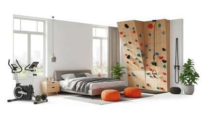 Modern bedroom with fitness equipment and climbing wall