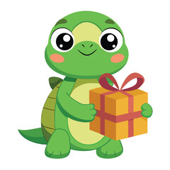 Fototapeta premium A cute green cartoon turtle smiling and holding a gift box in a fun animal illustration