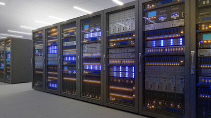 Plakat Black storage and processing unit, large AI processing server room, data center storage and network processing room, SSD and hard disk drive storage, and processor cooling system,3D rendering