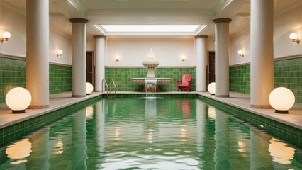 Indoor swimming pool with fountain and columns