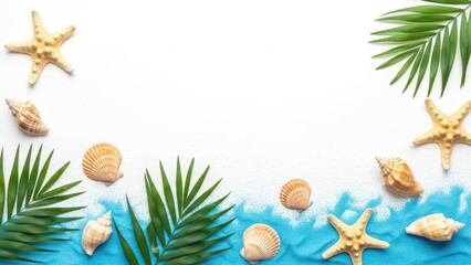 Beach scene with seashells and palm leaves