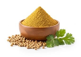 Ground Coriander Powder in Wooden Bowl Isolated on White Background