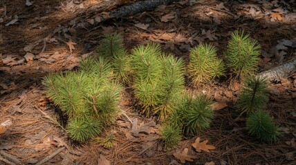 Young Green Pine Seedlings Sprouting on the Forest Floor.