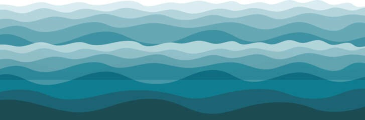 Abstract ocean waves blending with misty mountains under a calm blue sunrise sky