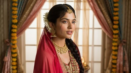 Young Indian Bride Dressed in Traditional Wedding Attire with Jewelry.