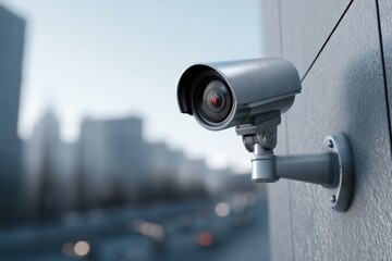 Security camera mounted on a wall observing the urban area during day time for enhanced safety and surveillance purposes