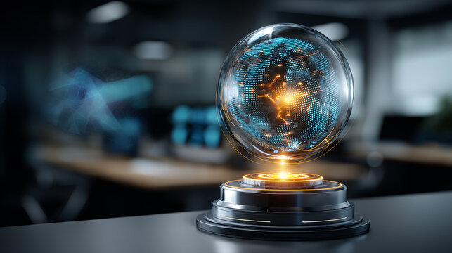 Futuristic globe digital circuit sphere technology innovation glowing, modern workspace concept with advanced interface and cybernetic theme, defocused surroundings, with copy spac - Powered by Adobe