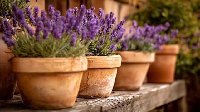 Beautiful pots with blooming purple lavender flowers, Vibrant pots filled with blooming purple lavender flowers