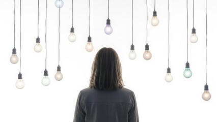 Woman looking at hanging light bulbs
