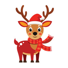 Cute cartoon Rudolph the red nosed reindeer wearing a Christmas hat and smiling happily in the winter snow