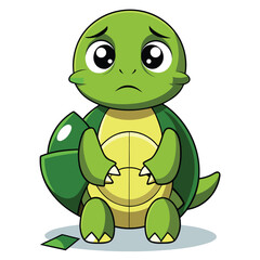 A cute funny cartoon turtle smiling and holding a green leaf in a cheerful nature style illustration