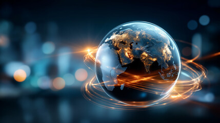 Digital globe with glowing lines, abstract technology background, futuristic earth visualization, data flow, innovation, global network, defocused background, with copy space