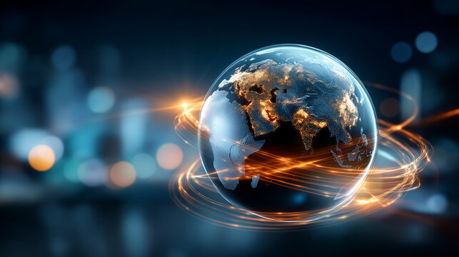 Digital globe with glowing lines, abstract technology background, futuristic earth visualization, data flow, innovation, global network, defocused background, with copy space - Powered by Adobe