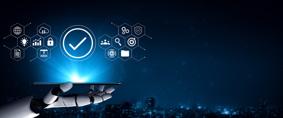 A robotic hand presents a smartphone glowing with digital symbols against a dark cityscape, representing the convergence of technology and innovation in urban life. Gantry