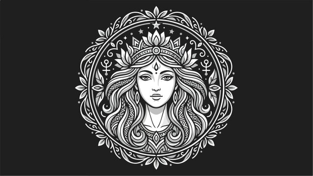 Elegant goddess portrait with floral frame in monochrome style.
