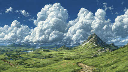 Fototapeta premium “Endless Meadows Under Monumental Clouds”