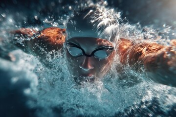 Focused swimmer demonstrating powerful stroke technique in clear water during an intense training session